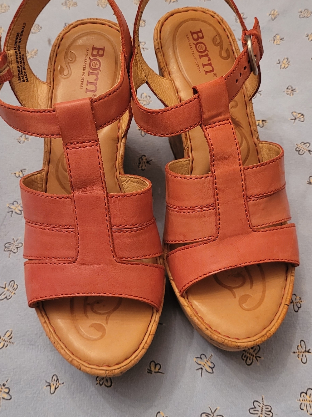 Born Orange Leather T-Strap Wedge Sandals